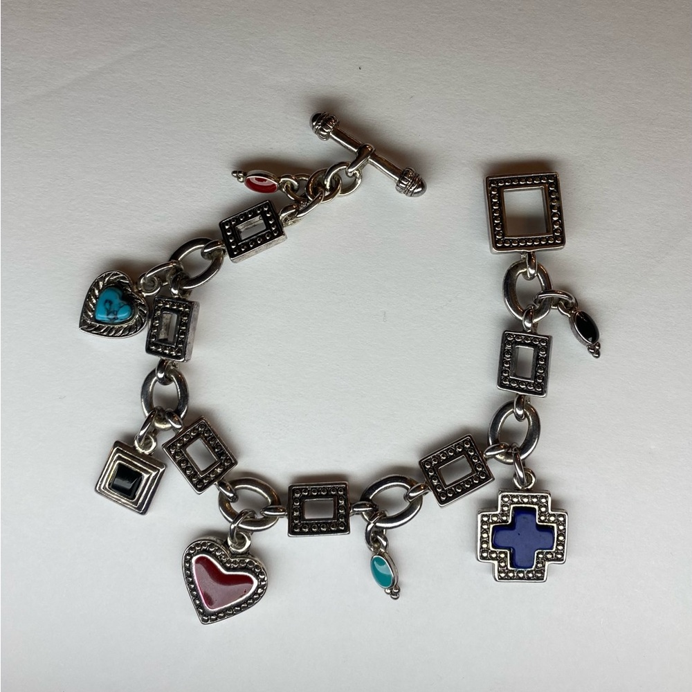Multi Colored Toggle Bracelet PD square drop cross silver tone costume